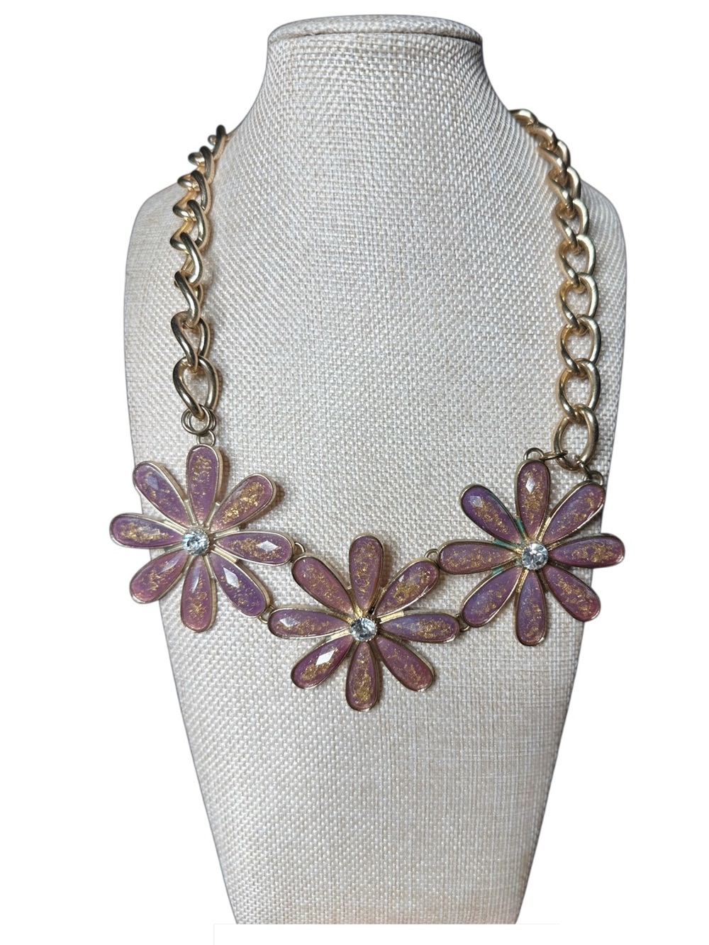 Gold Chain Pink Flower Statement Necklace
